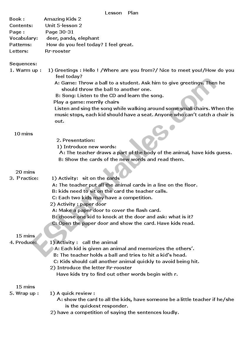 lesson plan of some animals: deer, panda, elephant