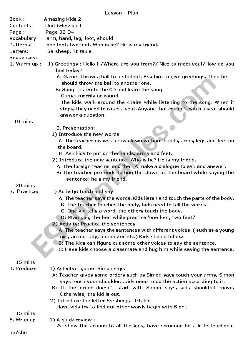 lesson plan of some body parts:arm, hand, leg, foot, shoulder