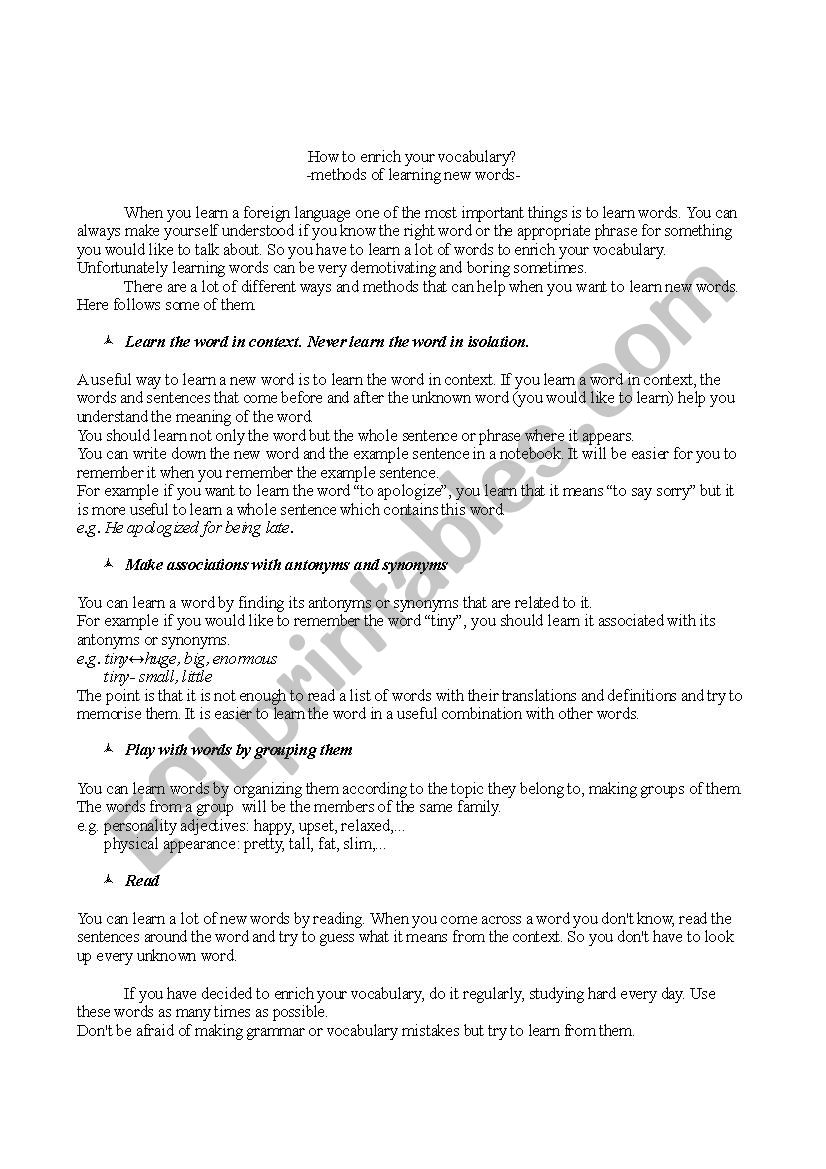 How to enrich your vocabulary worksheet
