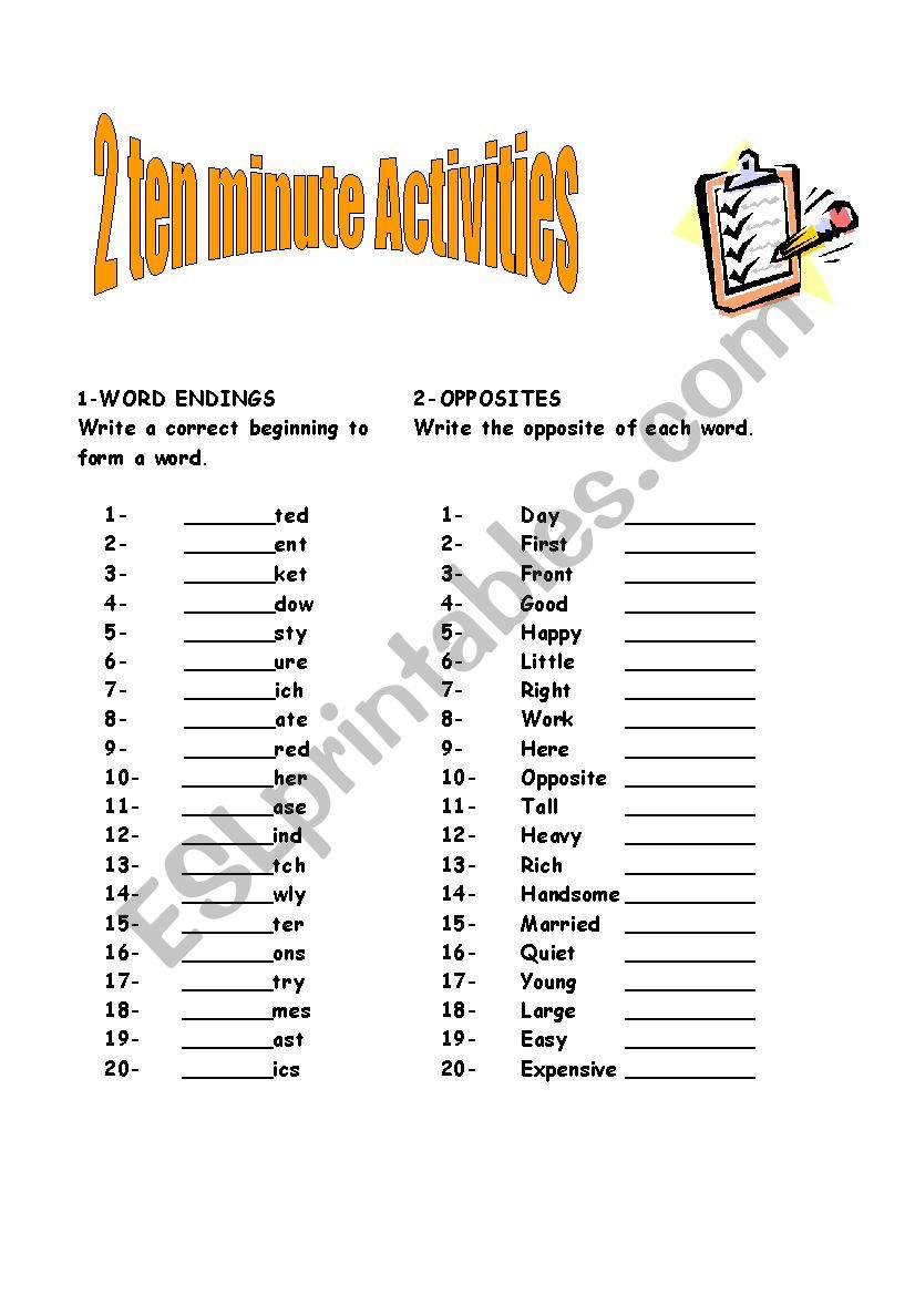 2 ten minute activity worksheet