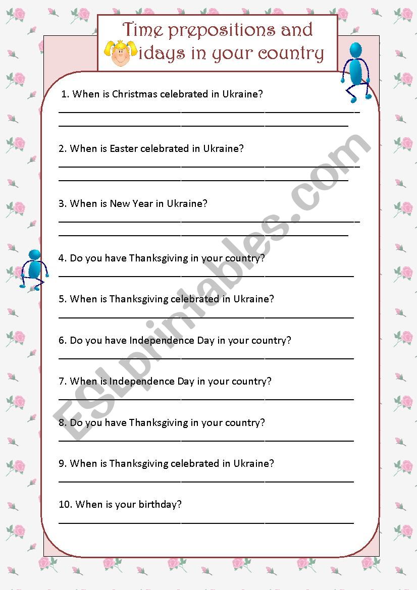 Time prepositions -questions worksheet