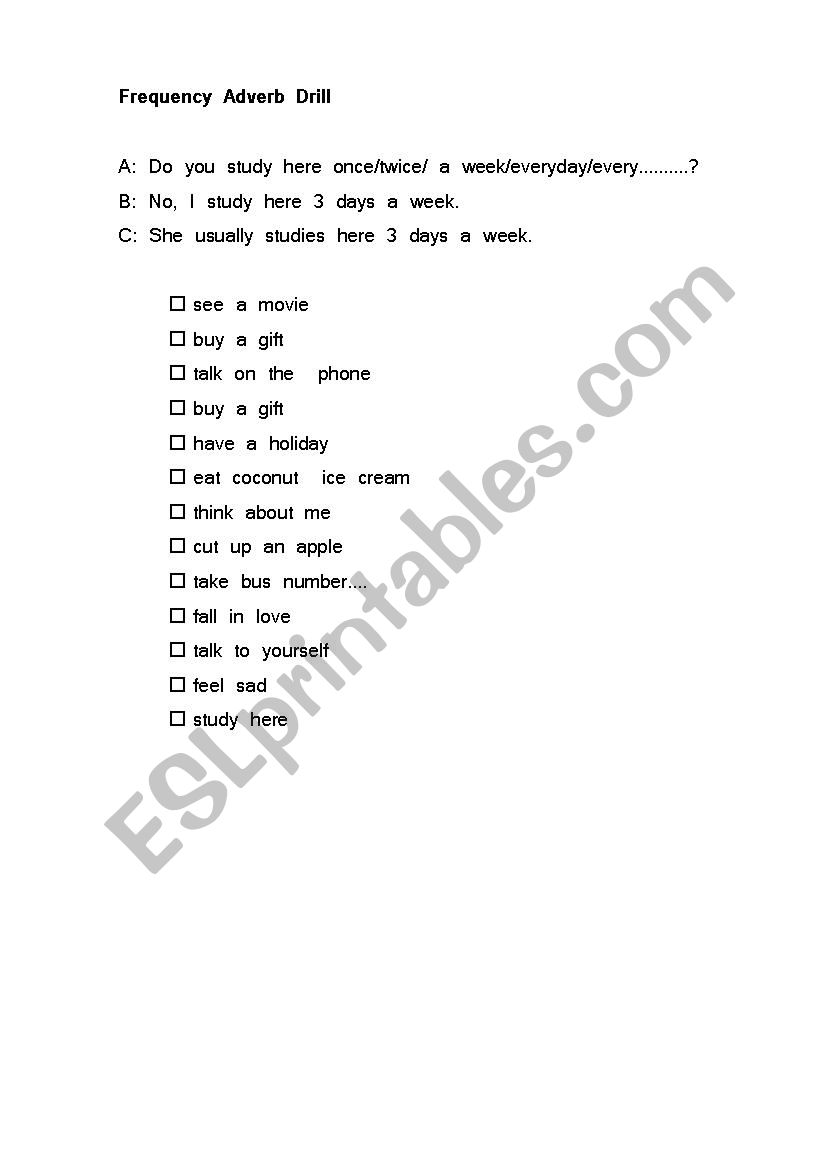 Frequency adverb drill worksheet