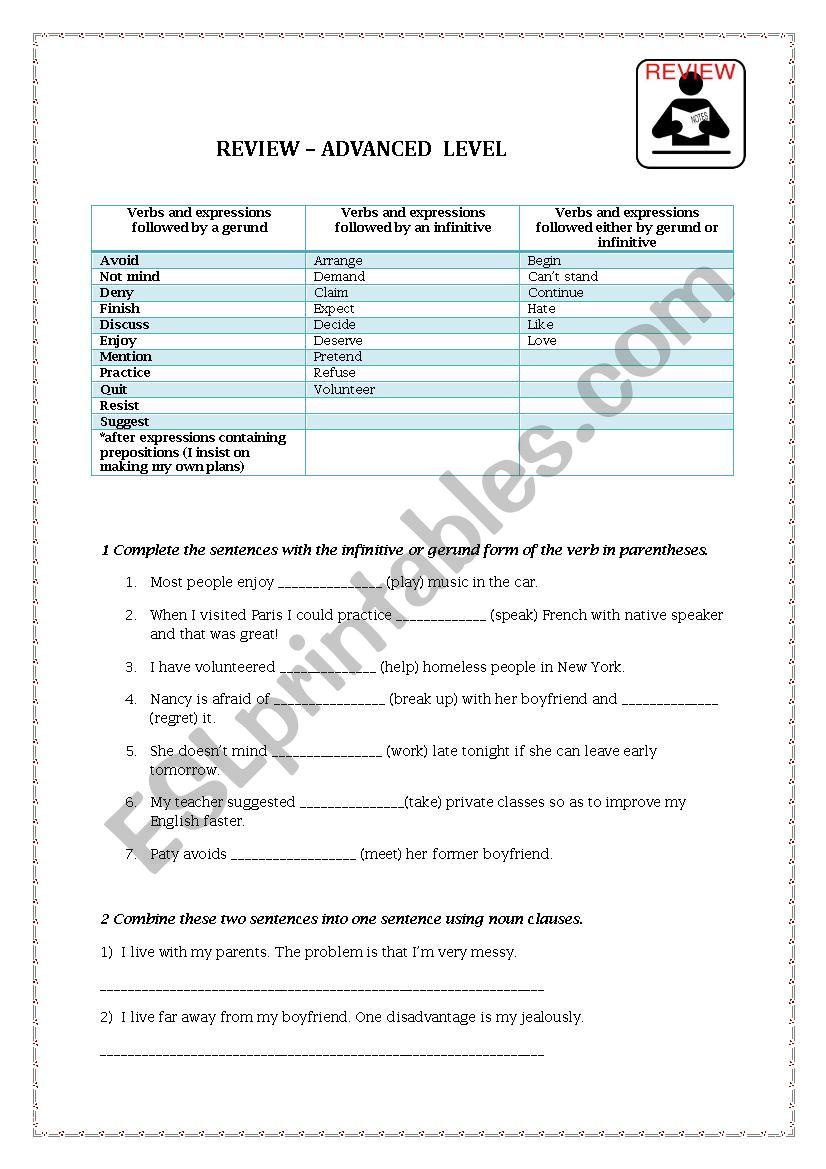 Review for advanced students worksheet