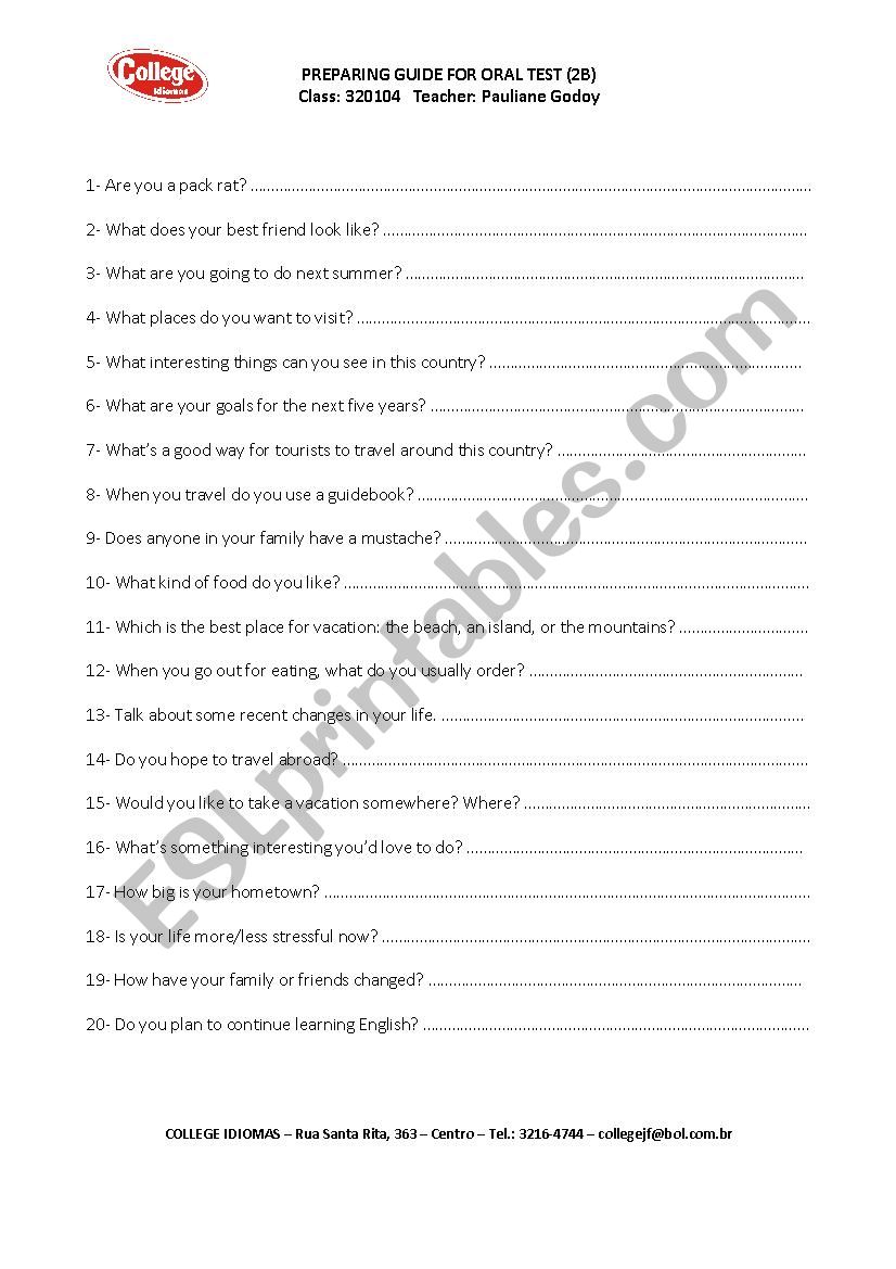 Oral test Basic worksheet