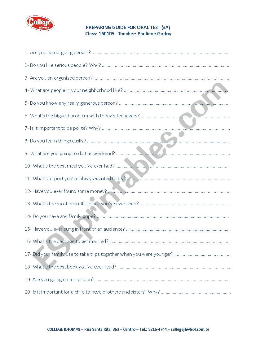 Oral test Intermediate worksheet