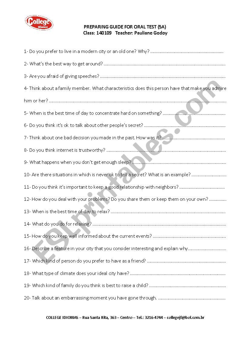 Oral test advanced worksheet