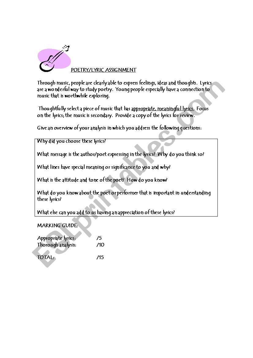 Poetry Lyrics Assignment worksheet