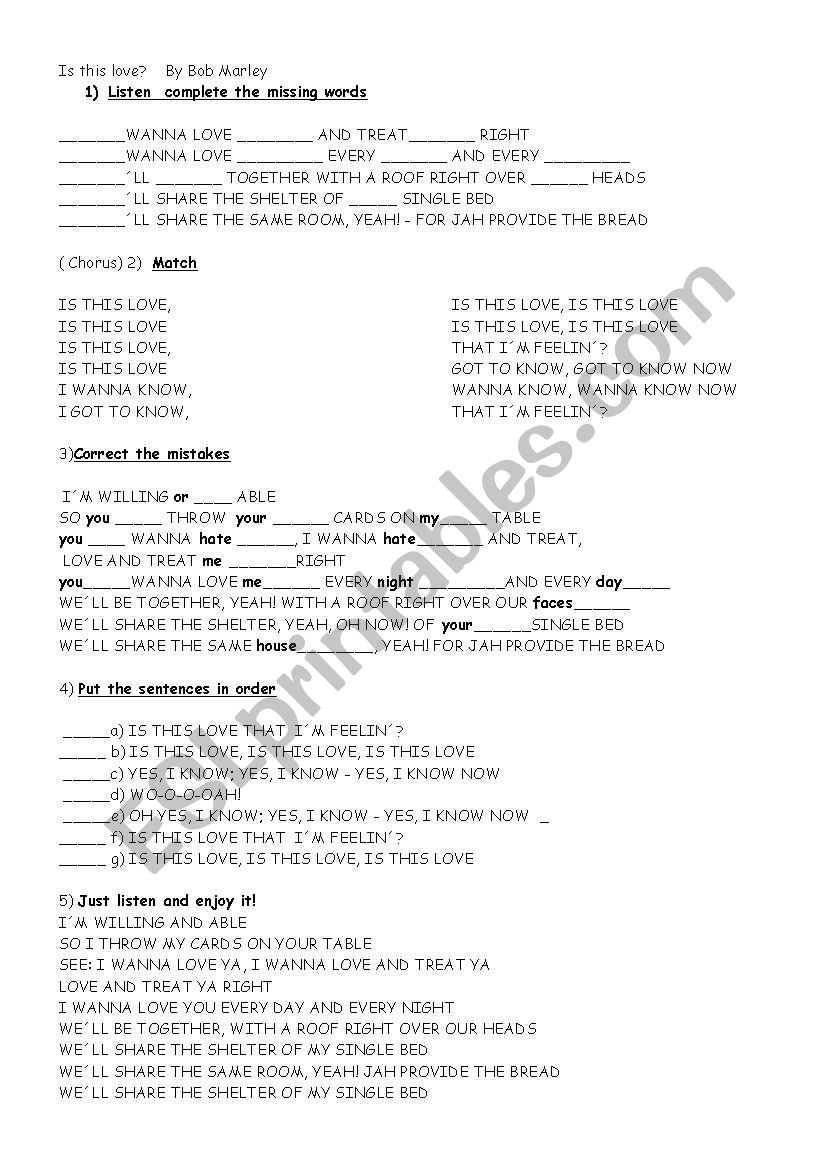 Is this love ? by Bob Marley worksheet