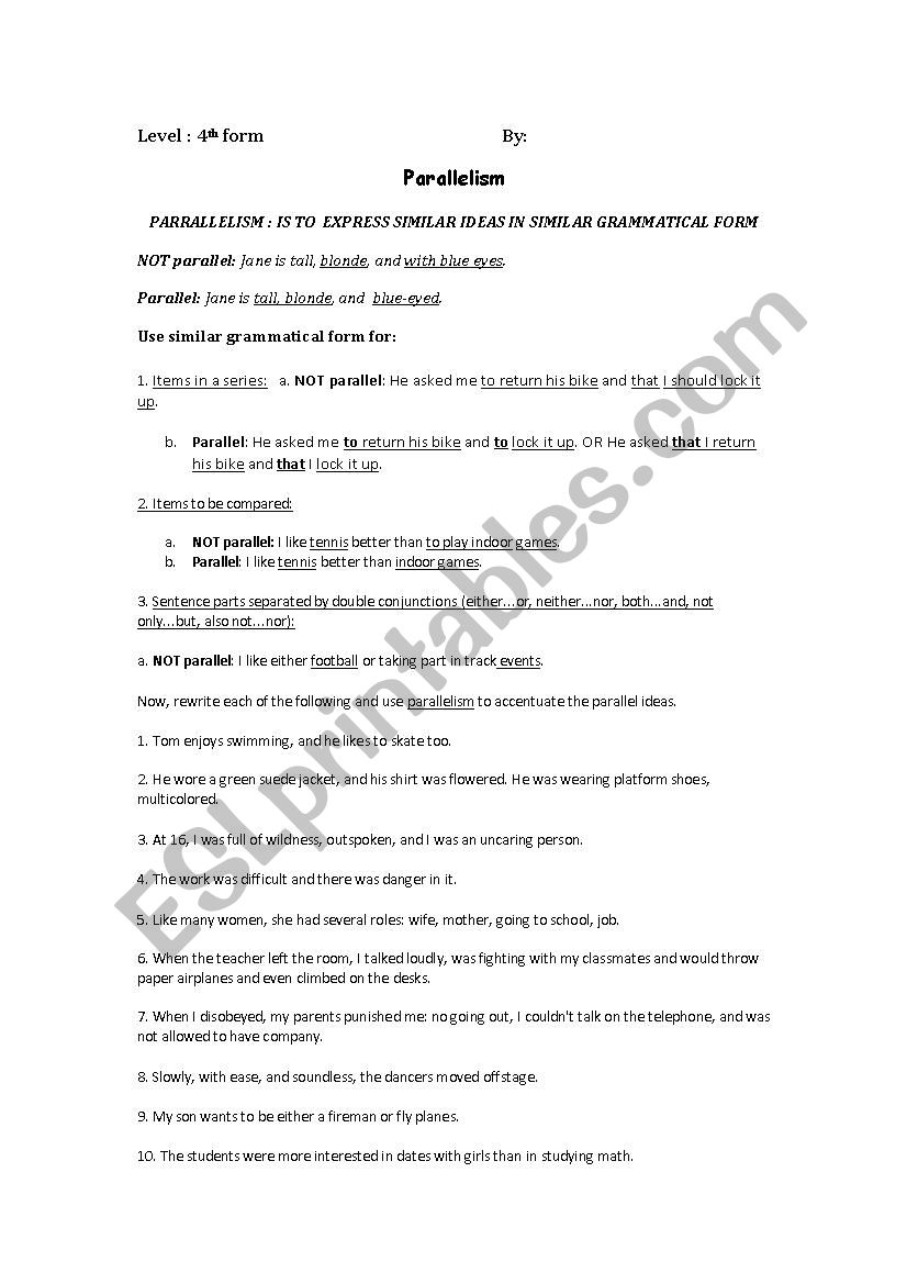 worksheet for 4th form : parallelism 