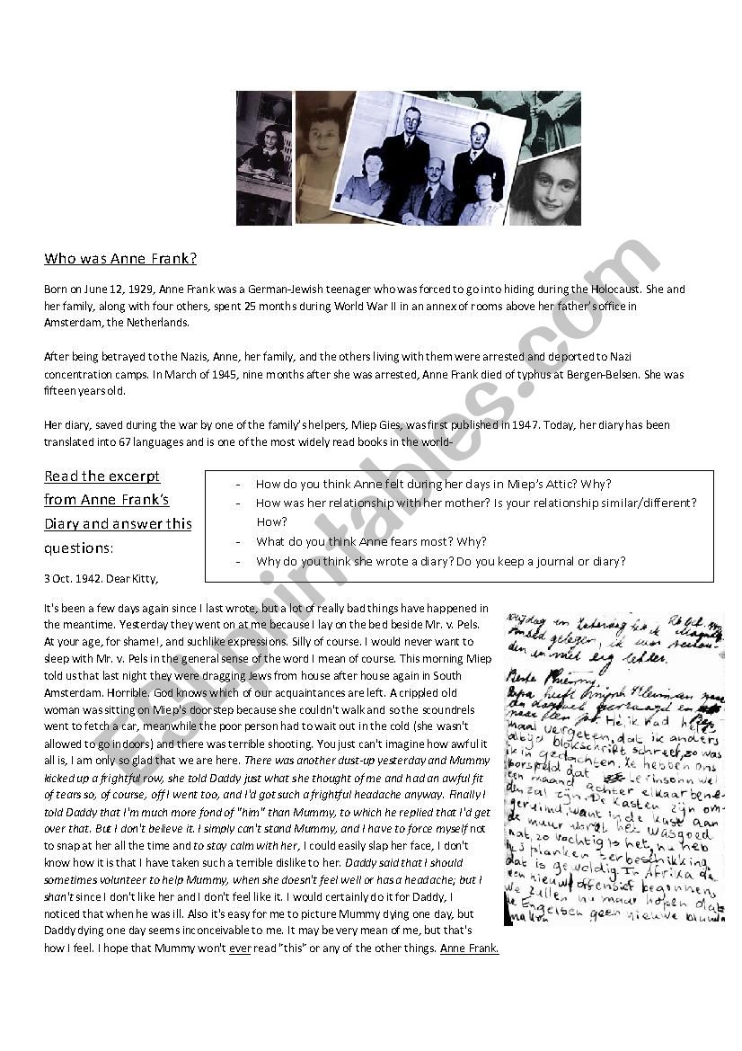 Anne Franks Diary Worksheet worksheet