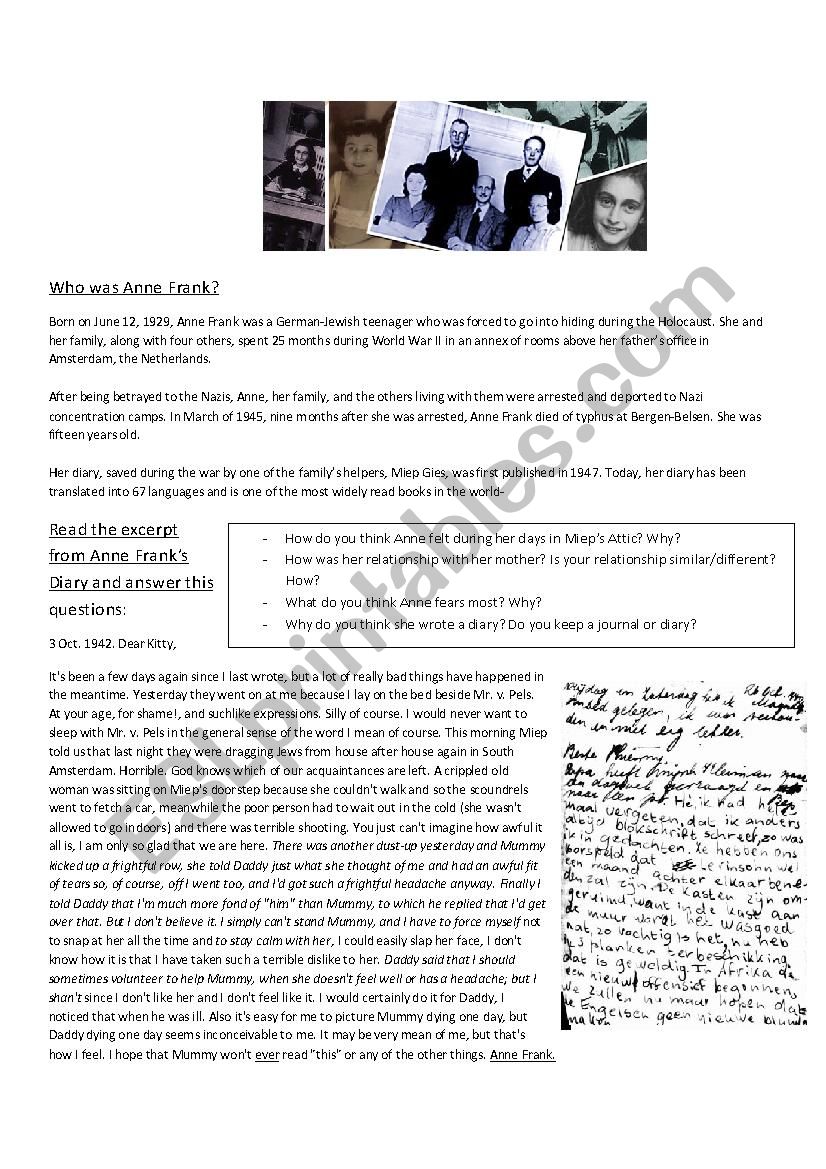 Anne FrankÂ´s Diary Worksheet worksheet