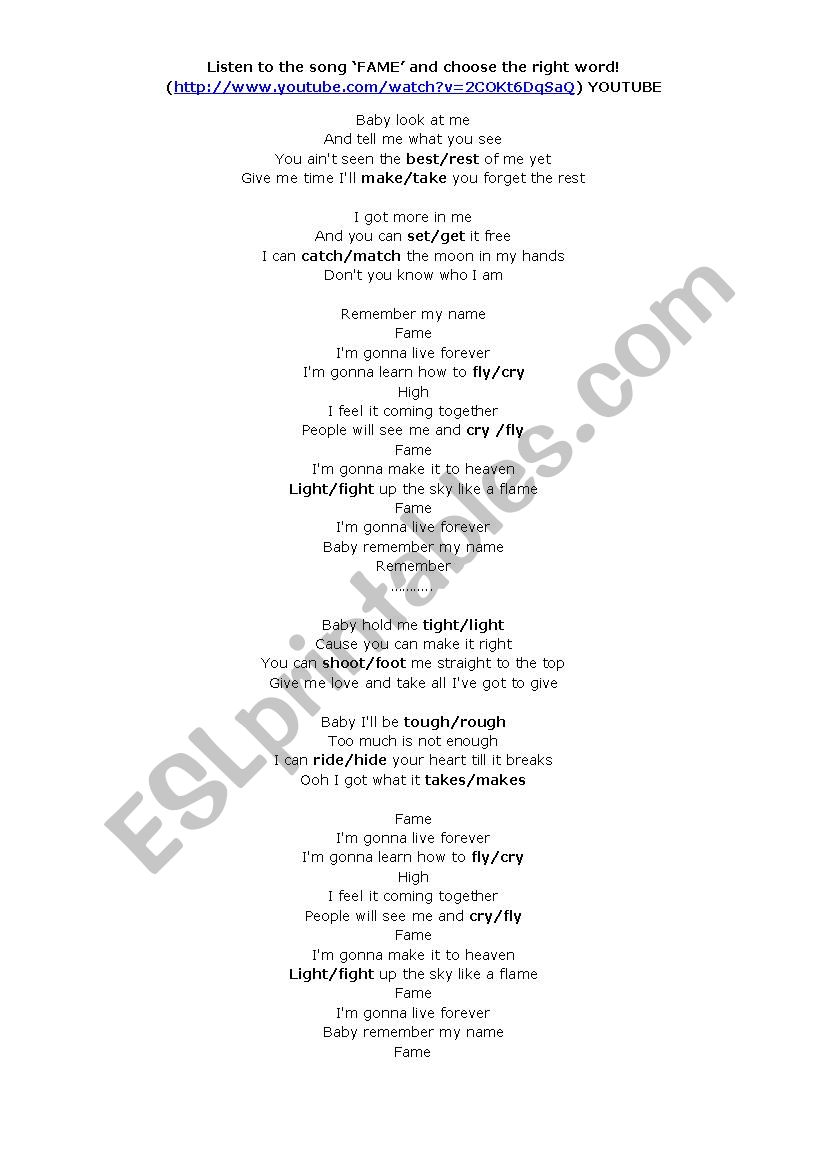 SONG: FAME_REMEMBER MY NAME worksheet