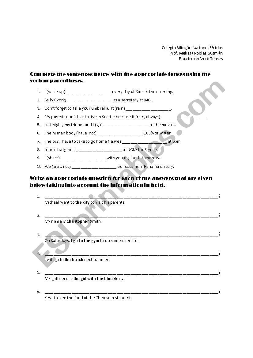 Simple tenses worksheet