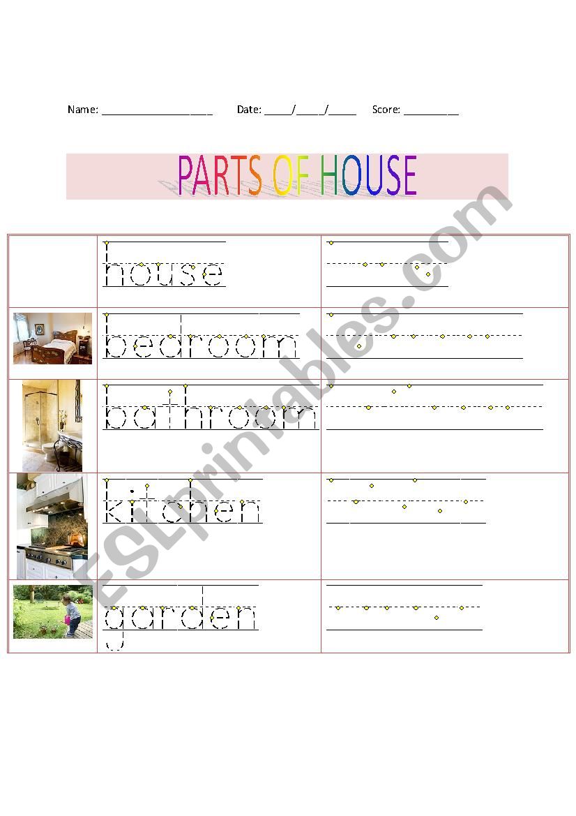 Parts of House worksheet