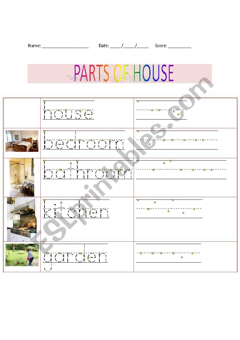 Parts of House worksheet