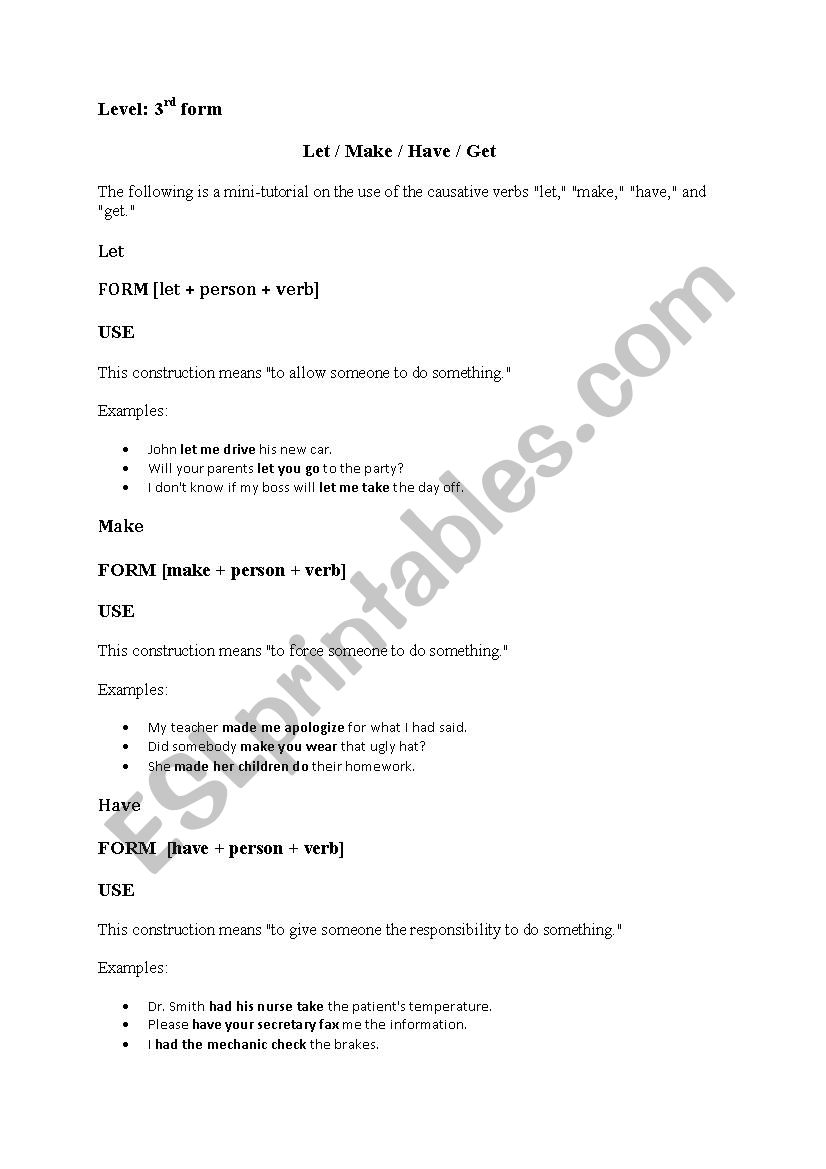 causative verbs in english  worksheet