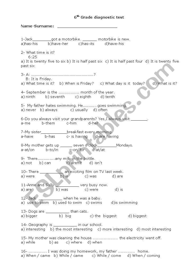 DIAGNOSTIC TEST worksheet