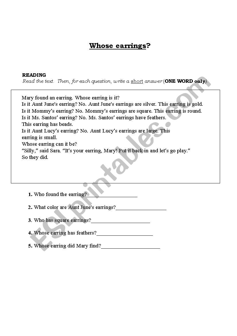 whose earrings worksheet