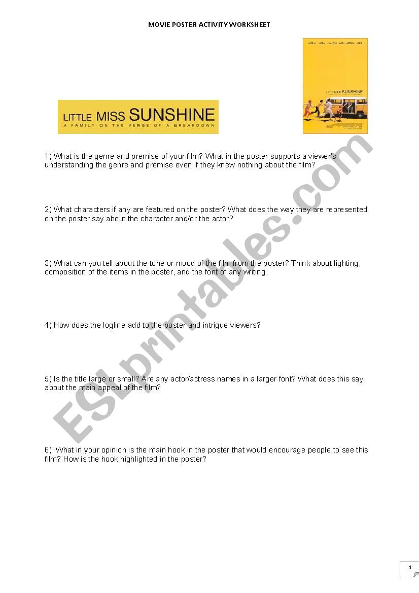 Little miss sunshine poster worksheet