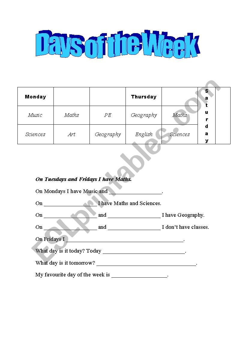Days of the Week worksheet worksheet