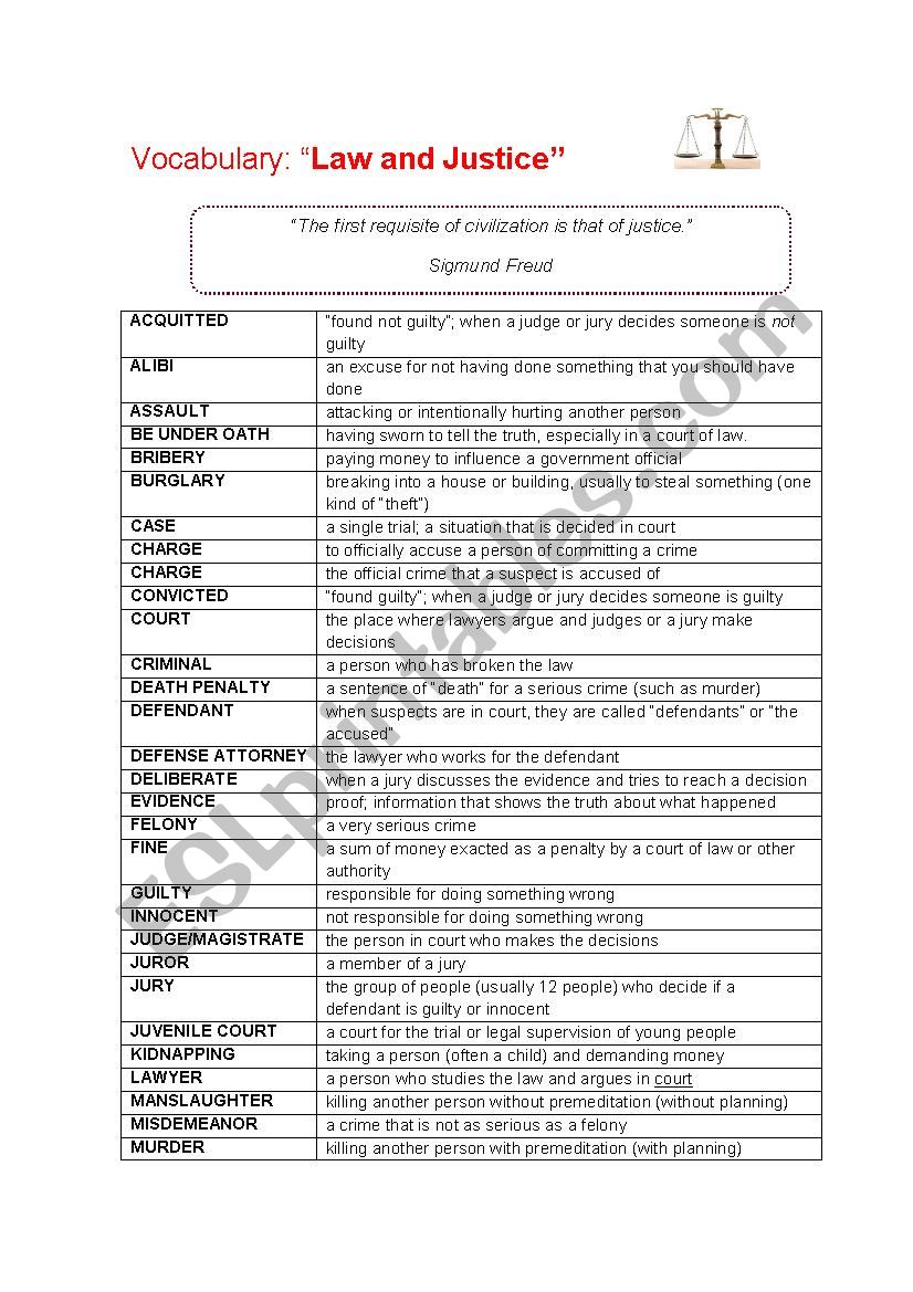 Vocabulary: Law and Justice worksheet