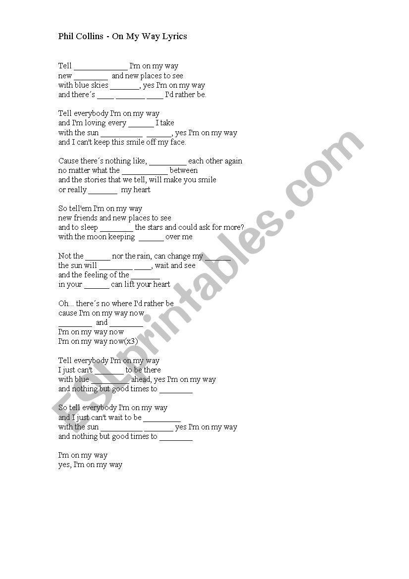 English Worksheets On My Way Lyrics Phil Collins