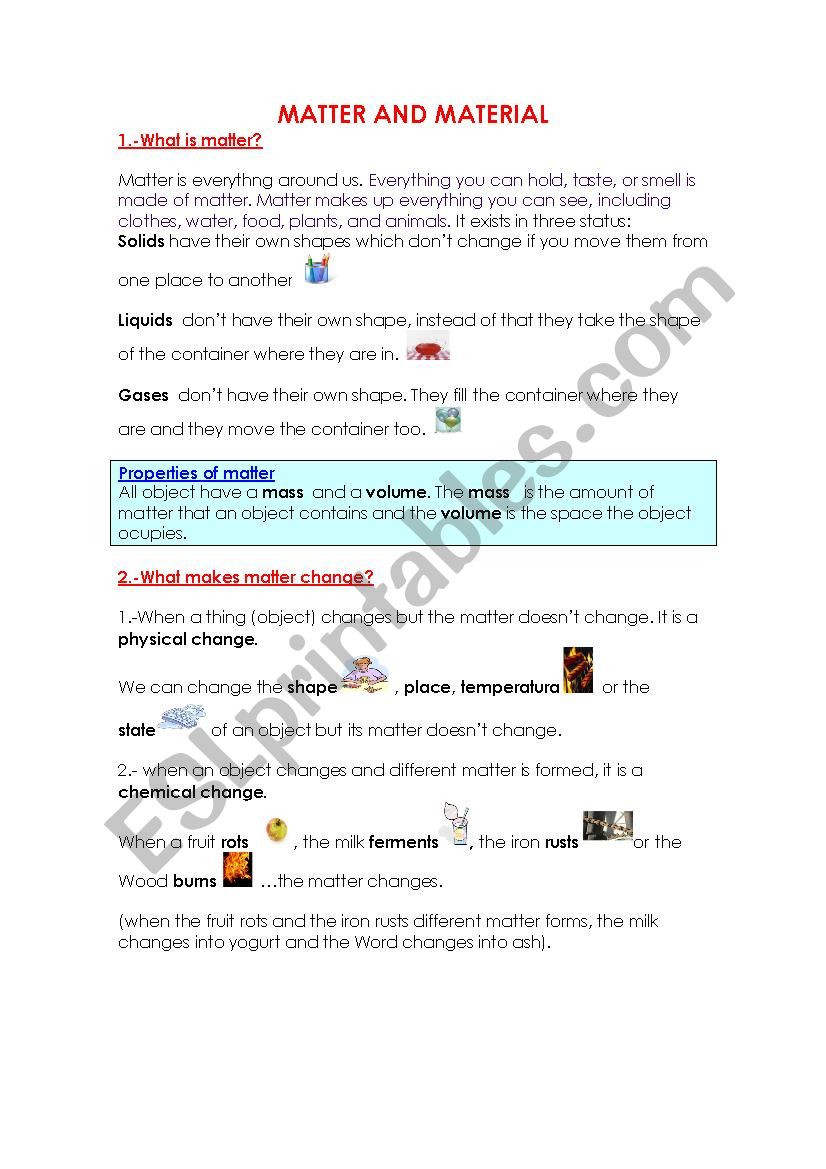 Matter and MAterial worksheet