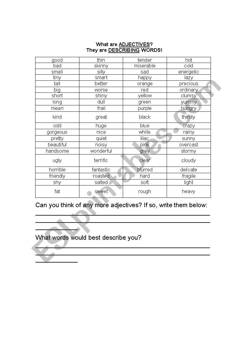 Adjective List worksheet