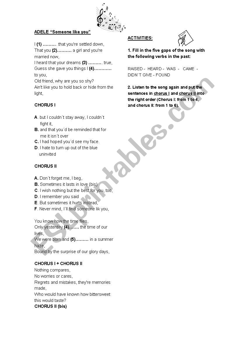 Adele: Someone like you worksheet