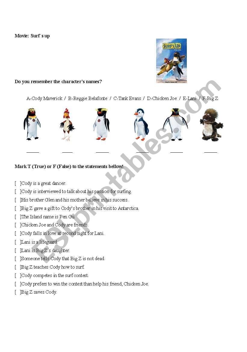 Movie: Surfs up worksheet