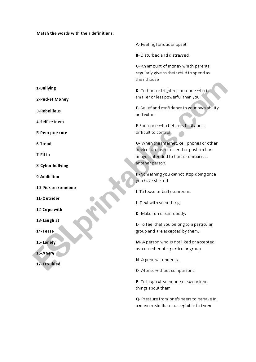 Teens Problems Vocabulary worksheet