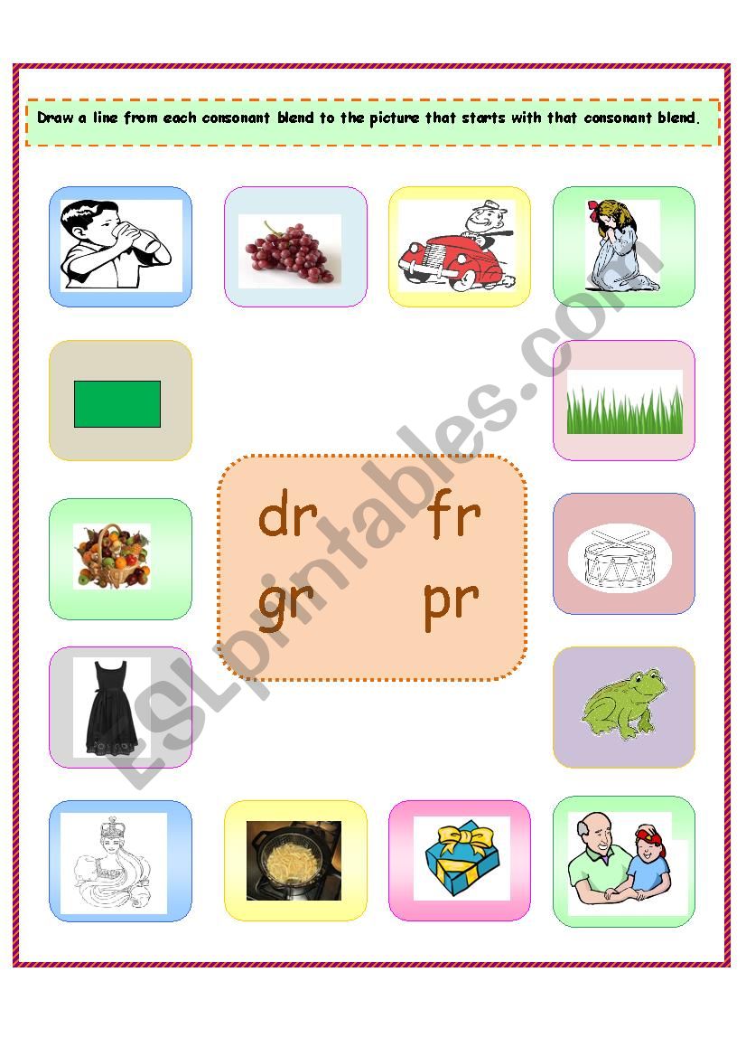 consonant blends: dr/fr/gr/pr worksheet