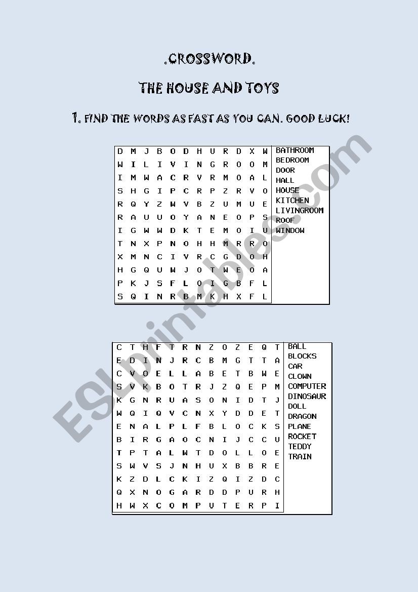 THE HOUSE AND TOYS CROSSWORD worksheet