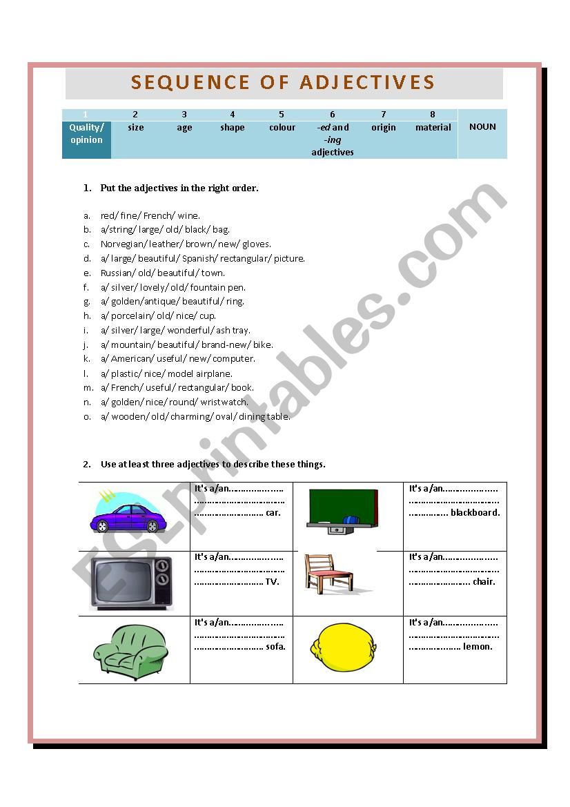 Sequence of adjectives worksheet