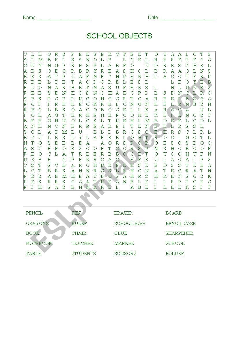 school objects worksheet