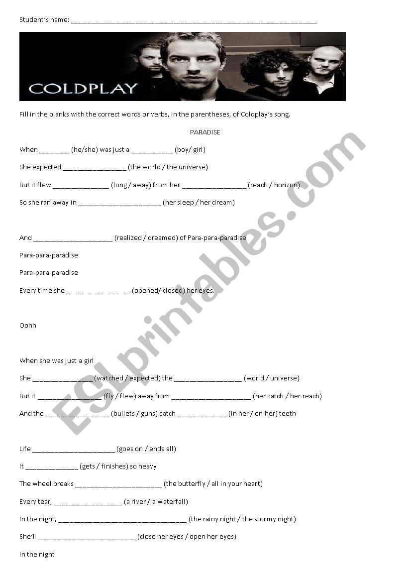 Paradise (Coldplays song) worksheet