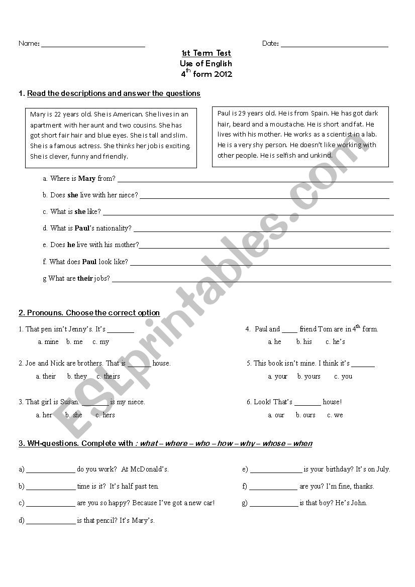 Term Test - 4th form worksheet