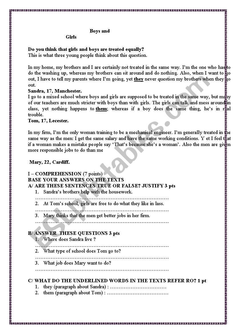 GIRLS AND BOYS worksheet