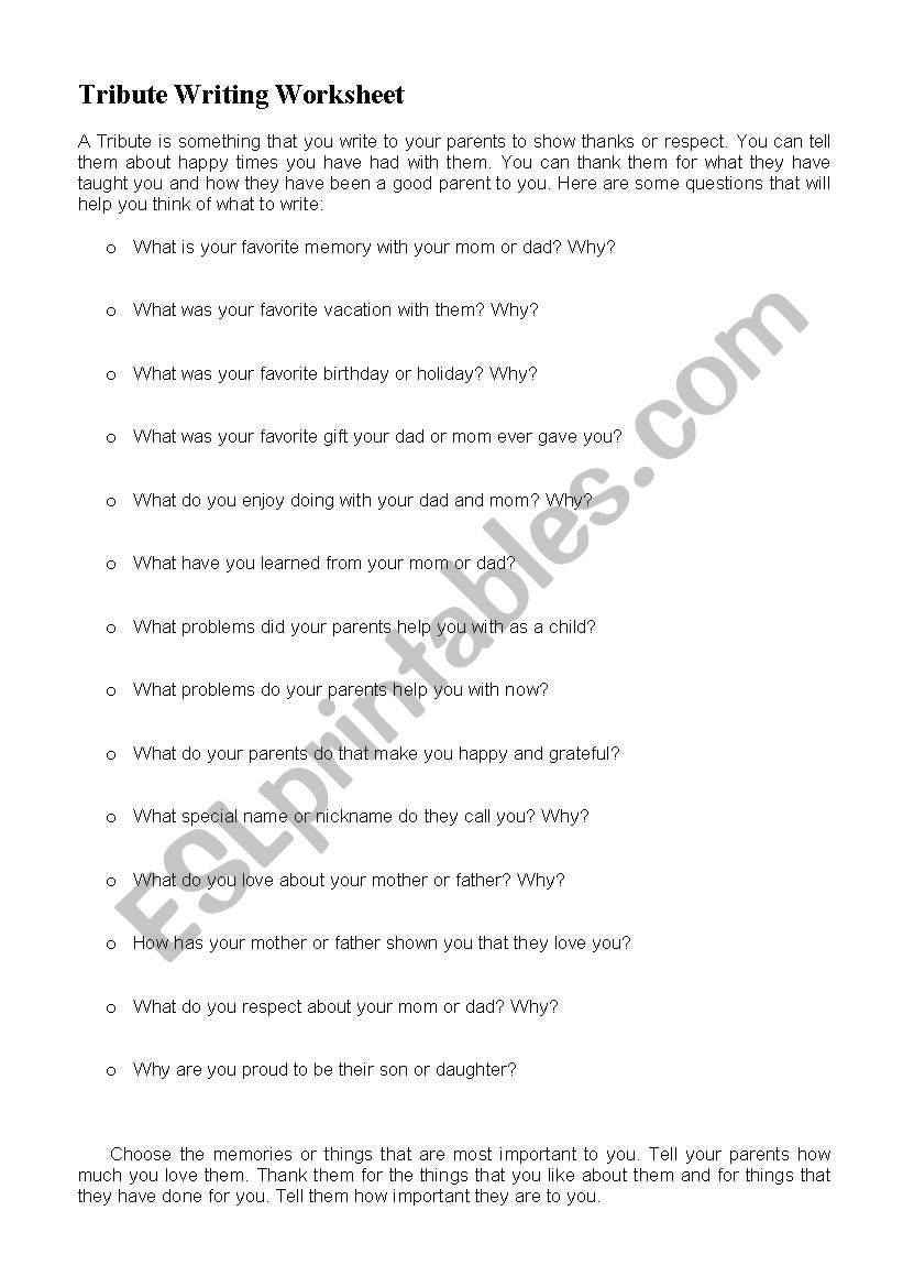 English worksheets: Honoring Your Parents-Writing A Tribute