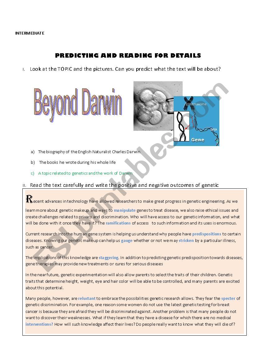 PREDICTING AND READING FOR DETAILS (about Darwin and genetic)