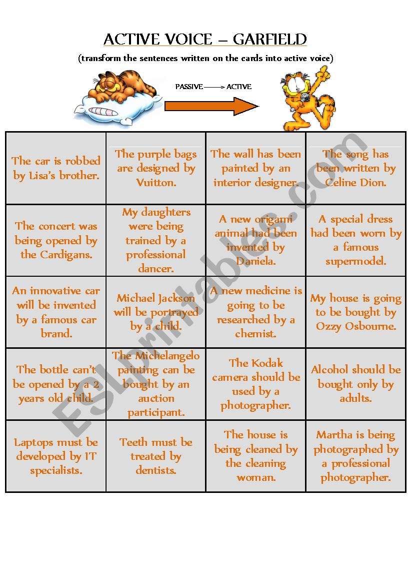PASSIVE voice to ACTIVE voice - CARDS for GARFIELD DIE