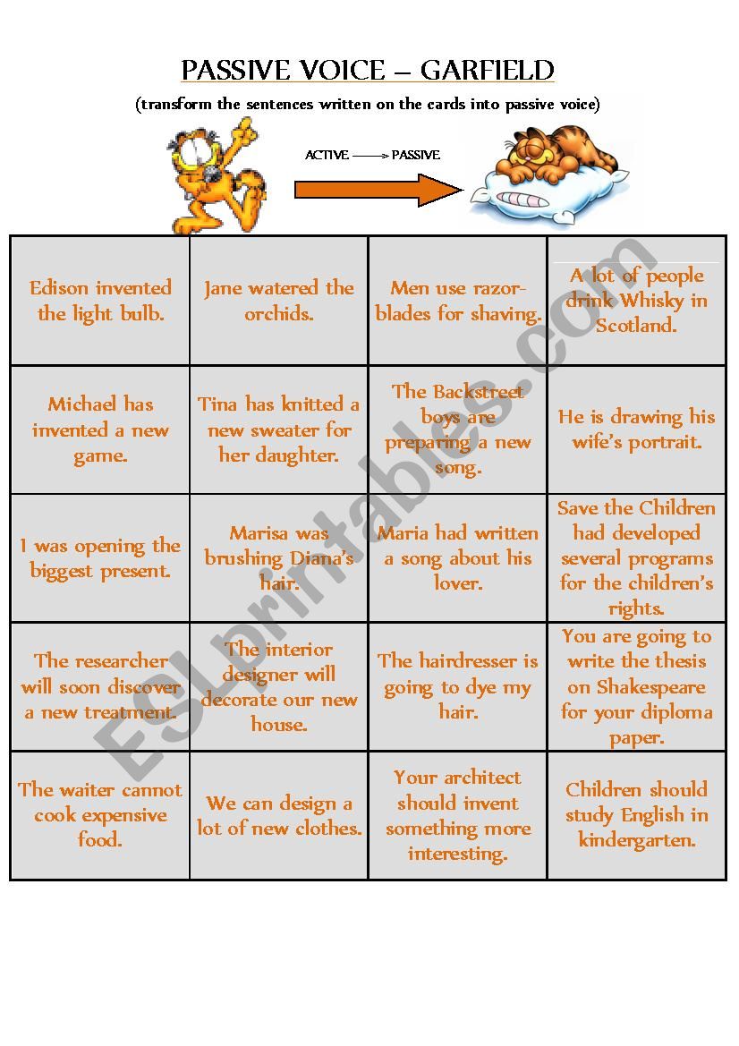 ACTIVE voice to PASSIVE voice - CARDS for GARFIELD DIE