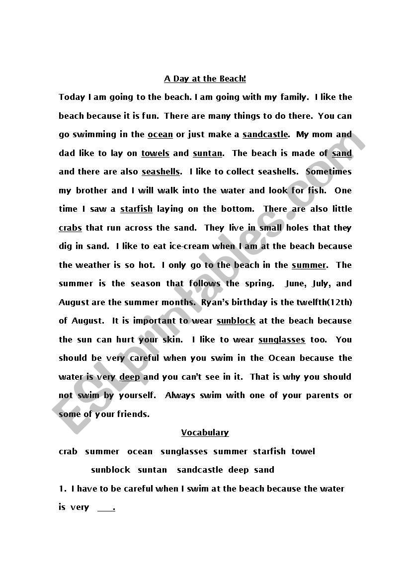 A Day at the Beach worksheet