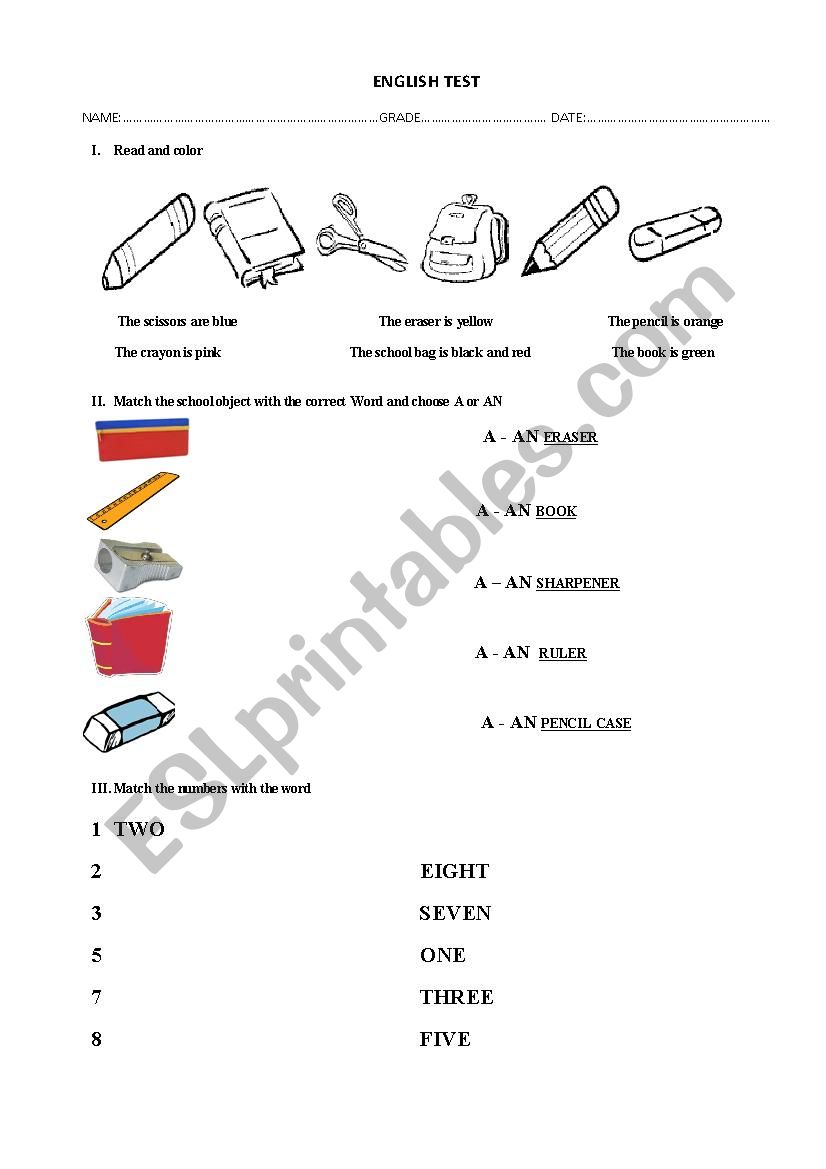 Classroom objects  worksheet