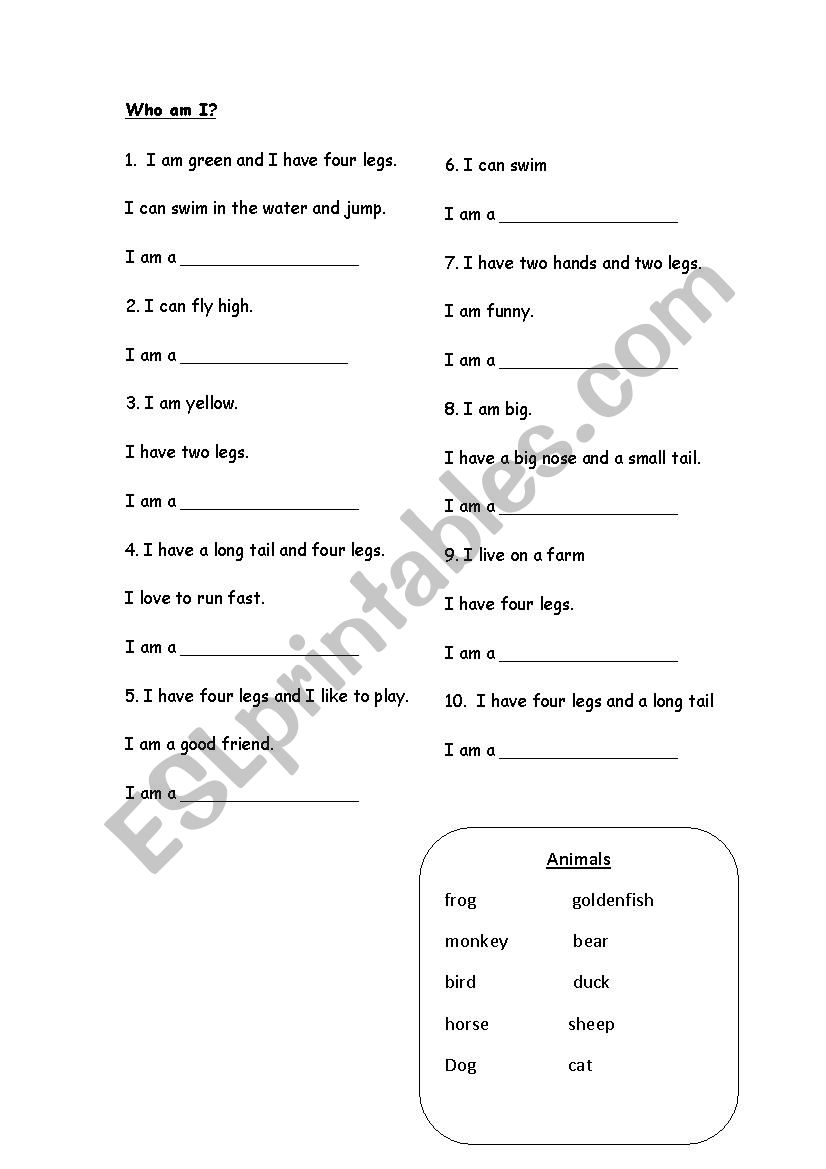 animals-who am I? worksheet