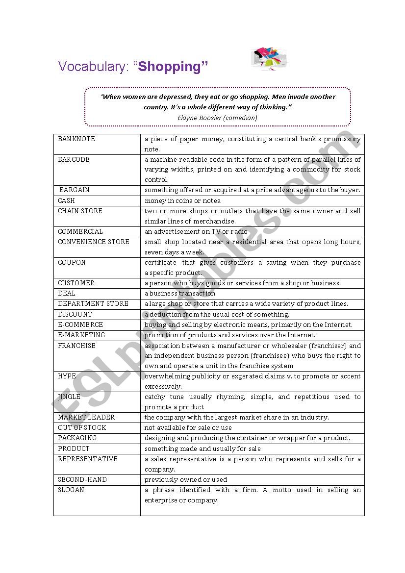 Vocabulary: Shopping worksheet