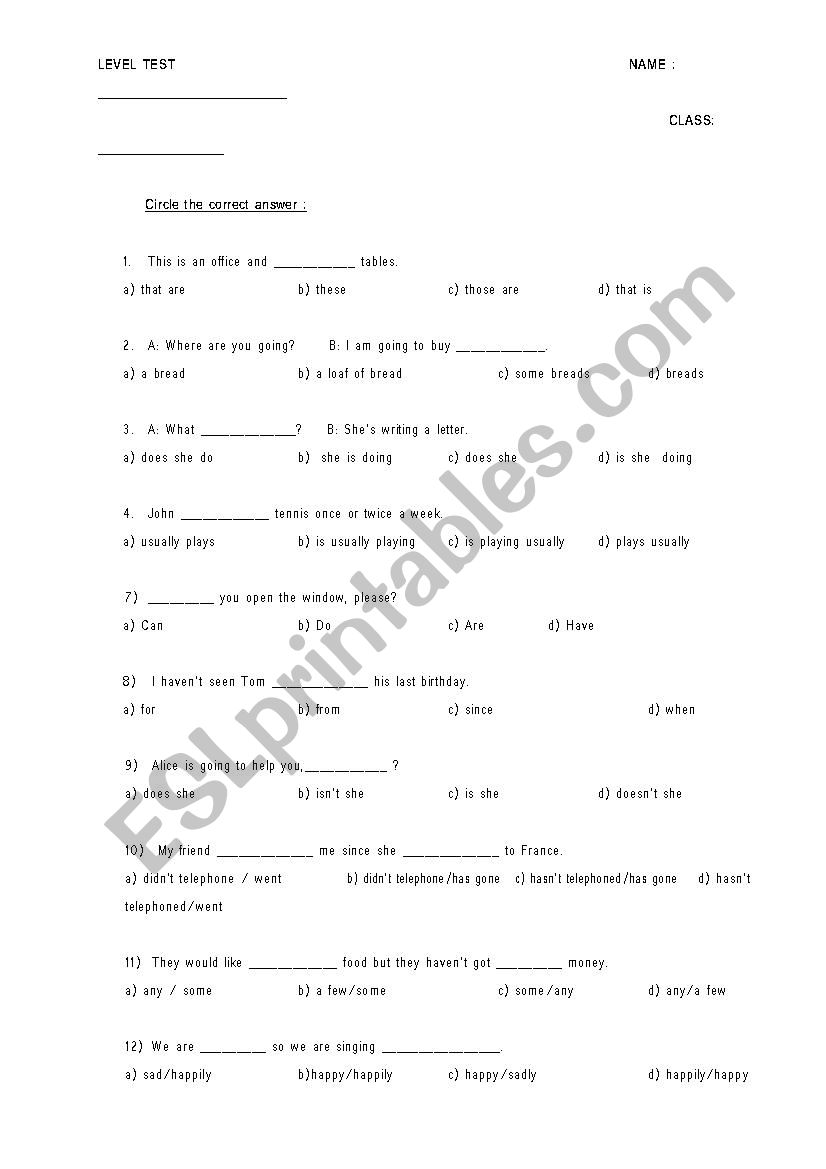 LEVEL TEST ( GRAMMAR) worksheet