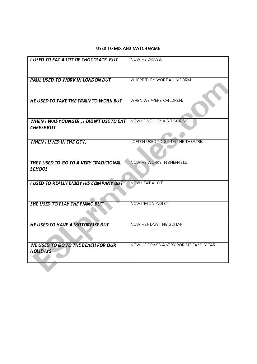 used to mix and match game worksheet