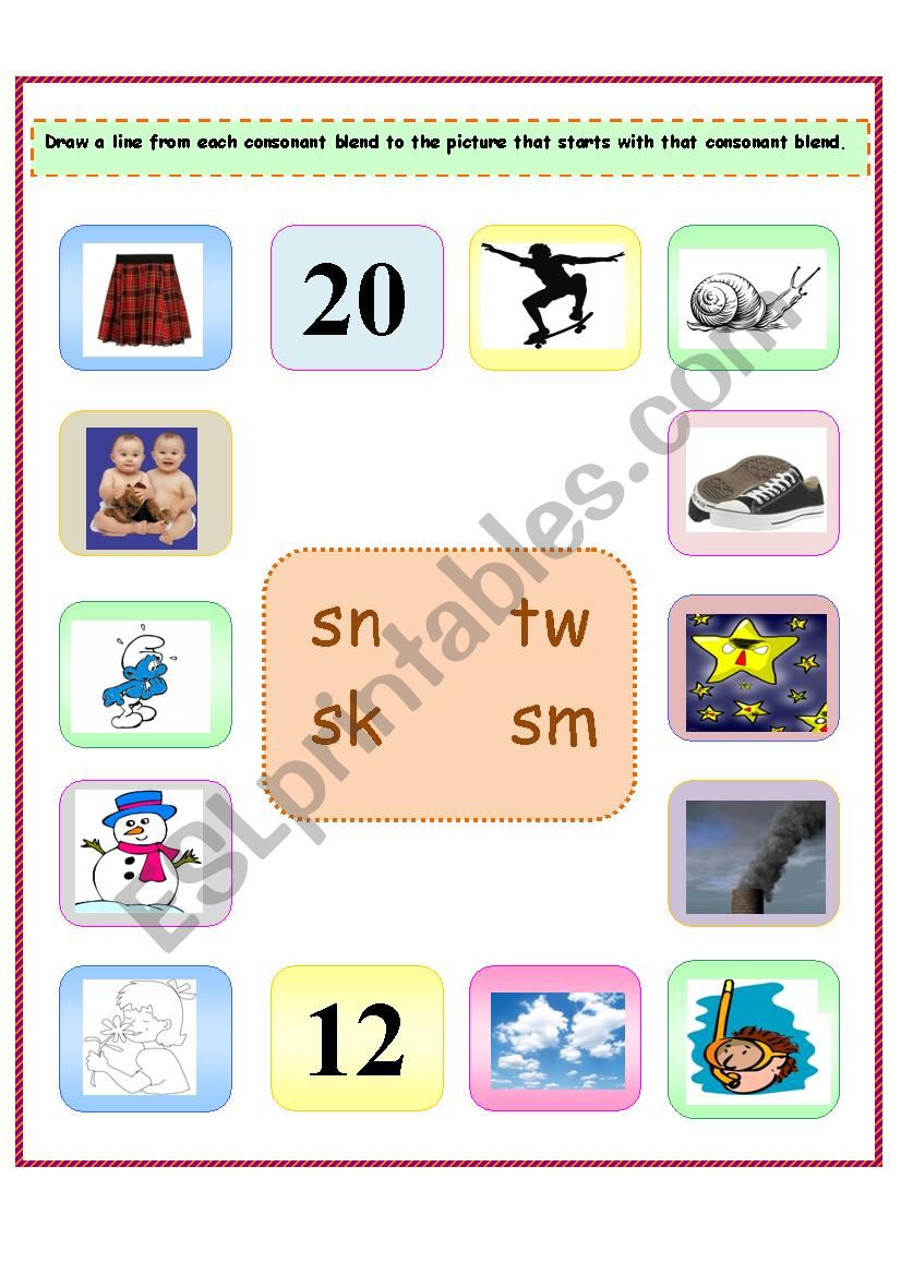 4 Consonant Blends: sn/sm/sk/tw