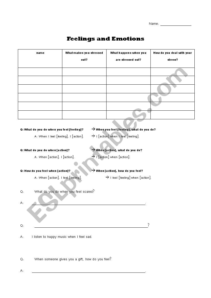 Feelings and Emotions worksheet